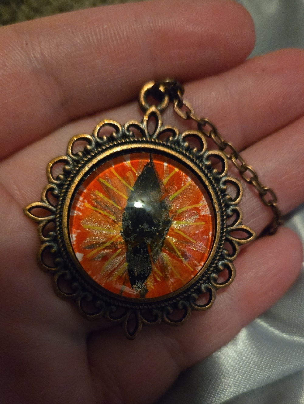 Antique Bronze Filigree Pendant Necklace with Orange Sunburst Accent